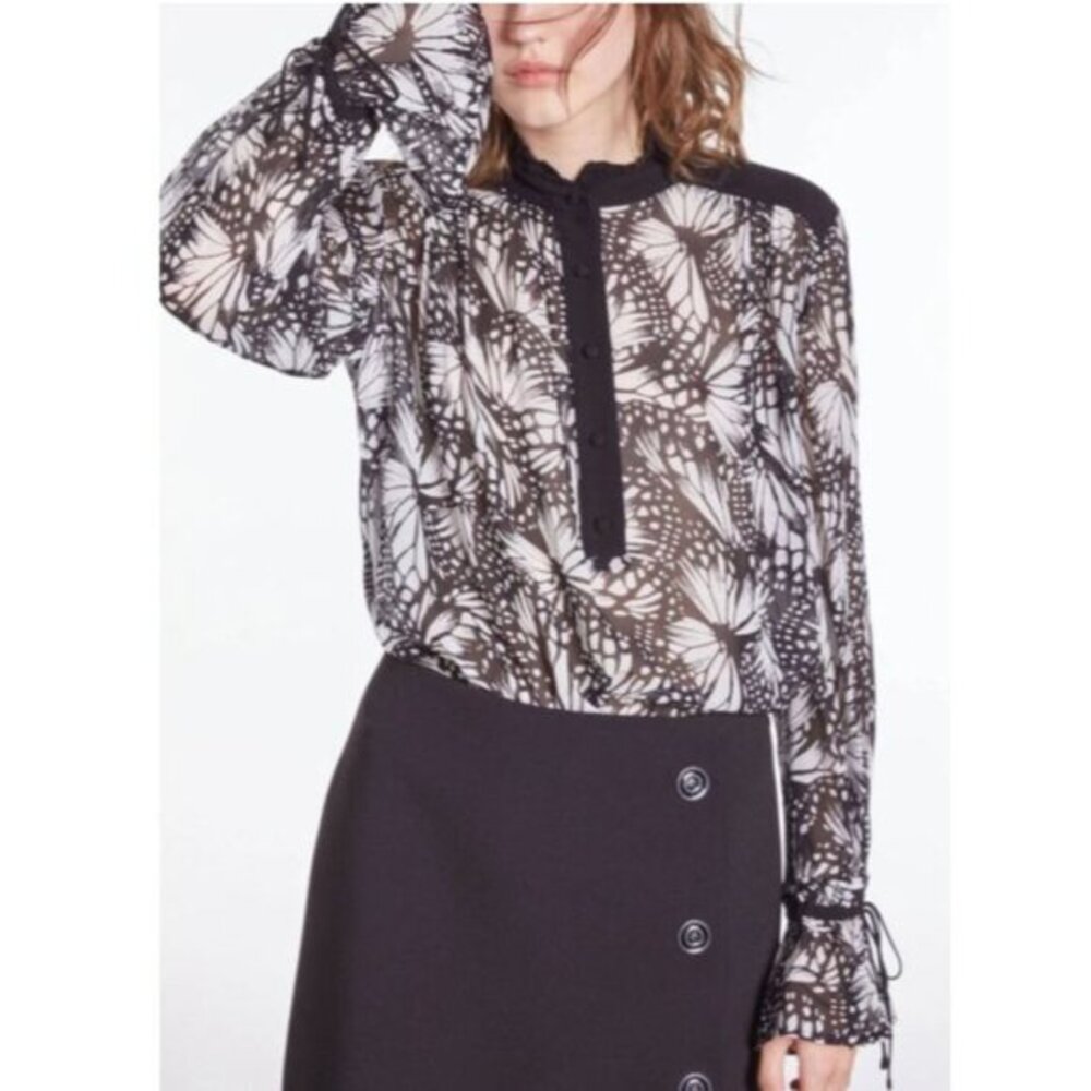 The Kooples French Womens Black & White Butterfly Print Blouse Size 1 US S